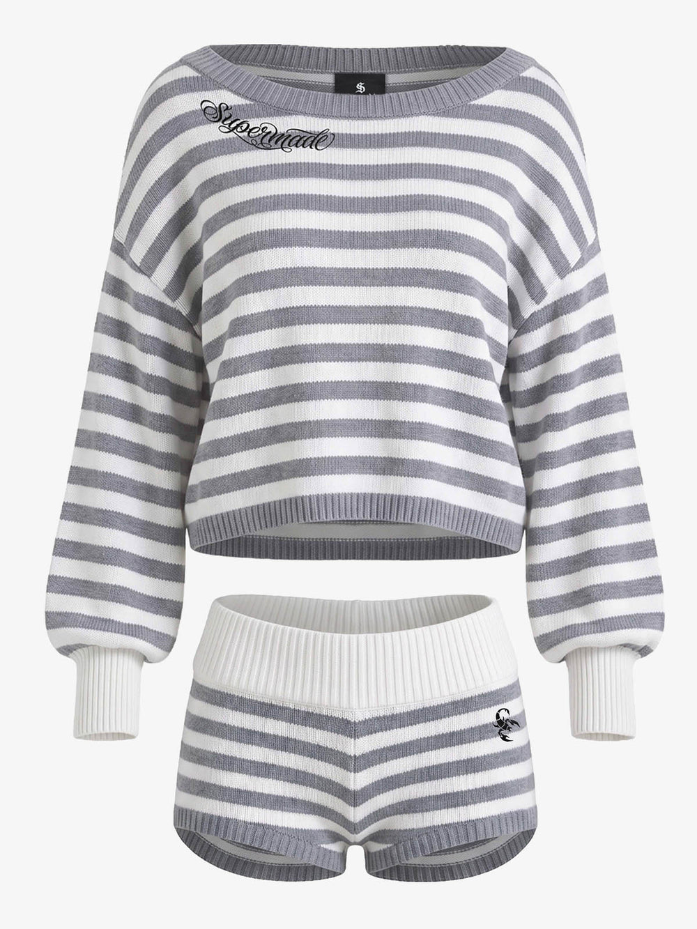 Scorpion Embroidered Off-Shoulder Striped Knit Set