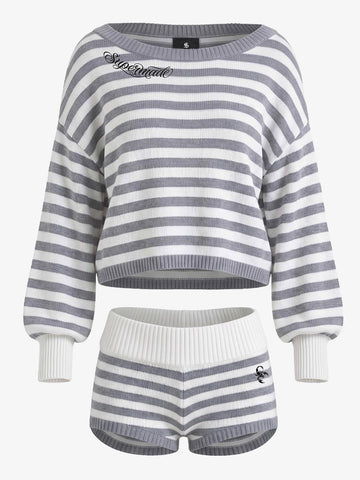 Scorpion Embroidered Off-Shoulder Striped Knit Set