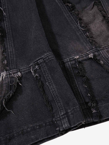 Distressed Black Denim Crop Jacket – Oversized Ripped Cotton Streetwear