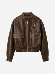 Embroidered Distressed Faux Leather Cropped Bomber Jacket