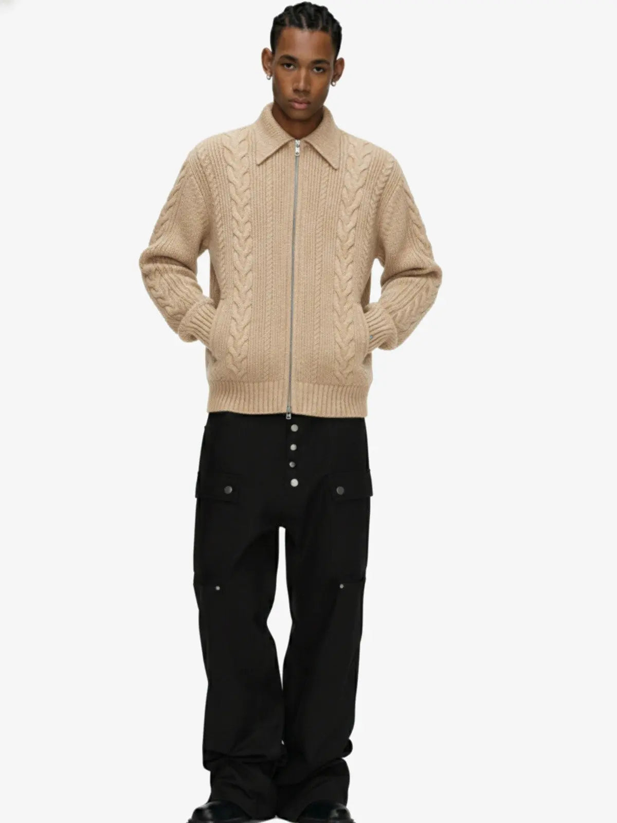 Knitted Vintage Floral Wheat Ear Pattern Double Zip Sweater 