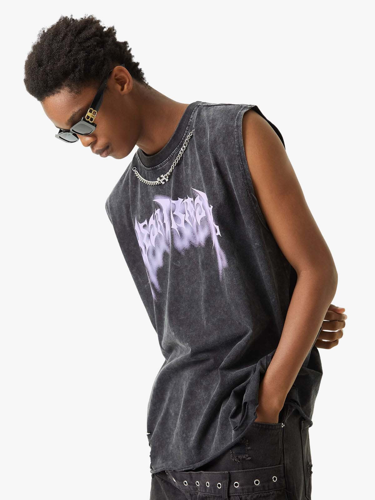 ThesupermadeVintage Metallic Phantom Letter Distressed Washed Vest - 2060 