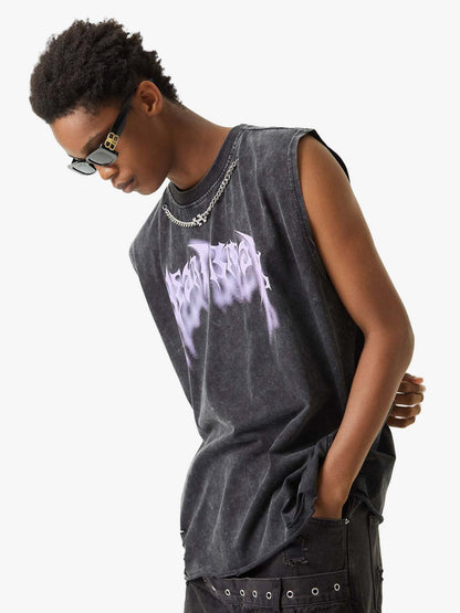 ThesupermadeVintage Metallic Phantom Letter Distressed Washed Vest - 2060 