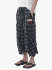 Plaid Linen-Blend Distressed Cargo Cropped Pants 