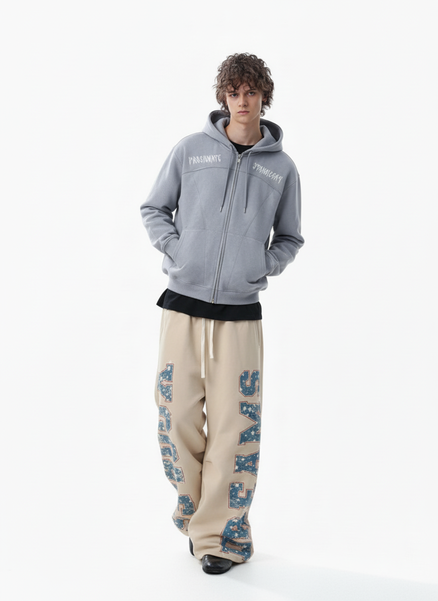 Retro Contrast Letter Print Fleece Wide-Leg Sweatpants 