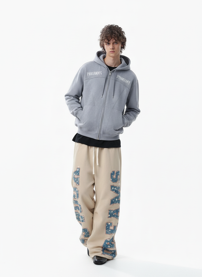 Retro Contrast Letter Print Fleece Wide-Leg Sweatpants 