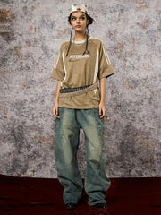 Suede Contrast Color Spliced Letter Embroidery Oversize T-shirt - 2462 