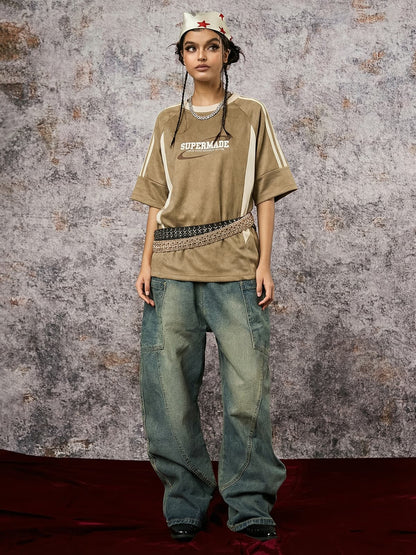 Suede Contrast Color Spliced Letter Embroidery Oversize T-shirt - 2462 