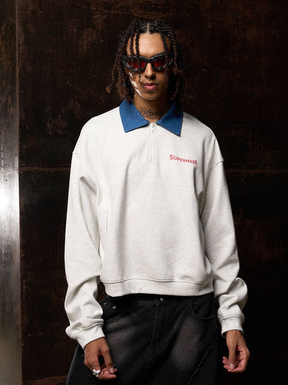 Original Denim Lapel Patchwork Sweatshirt 