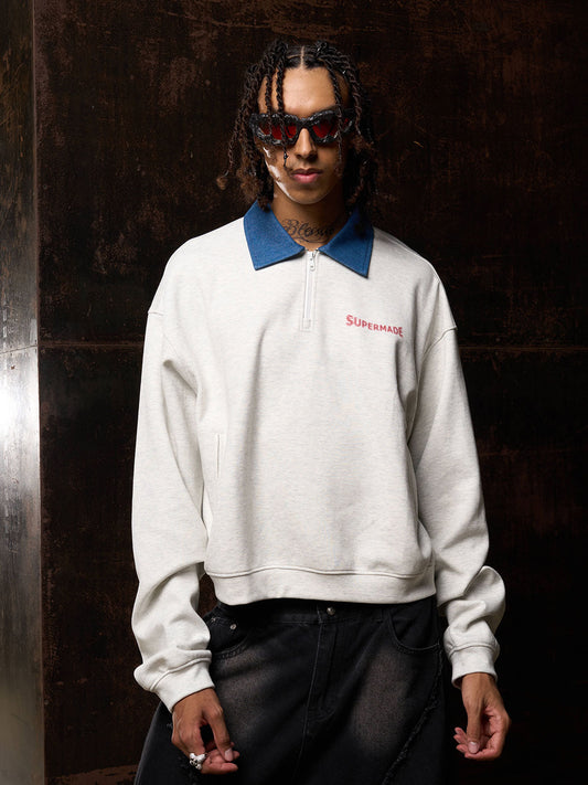Original Denim Lapel Patchwork Sweatshirt 