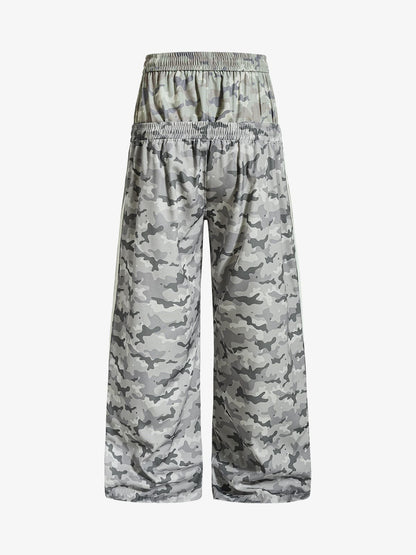 Double Waistband Elastic Waist Camo Side Panel Wide Leg Pants 