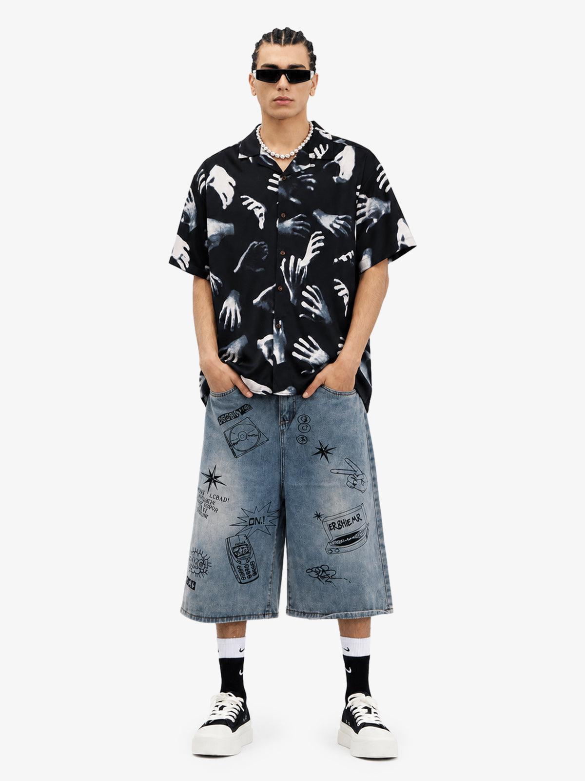 Gothic Ghost Hands Camp Collar Boxy Shirt 