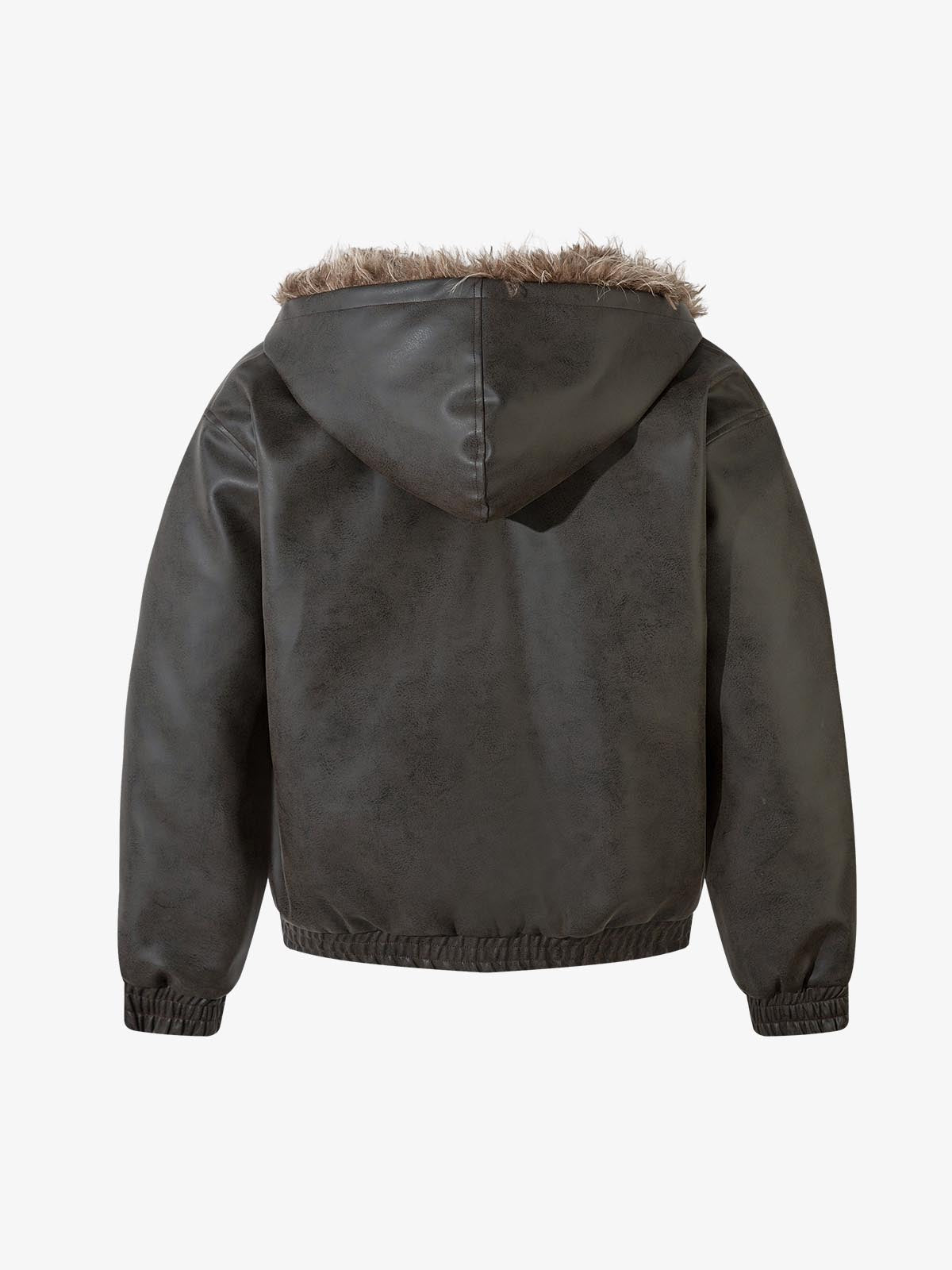 Vintage Faux Fur Hood Lined PU Zip Up Bomber Jacket 