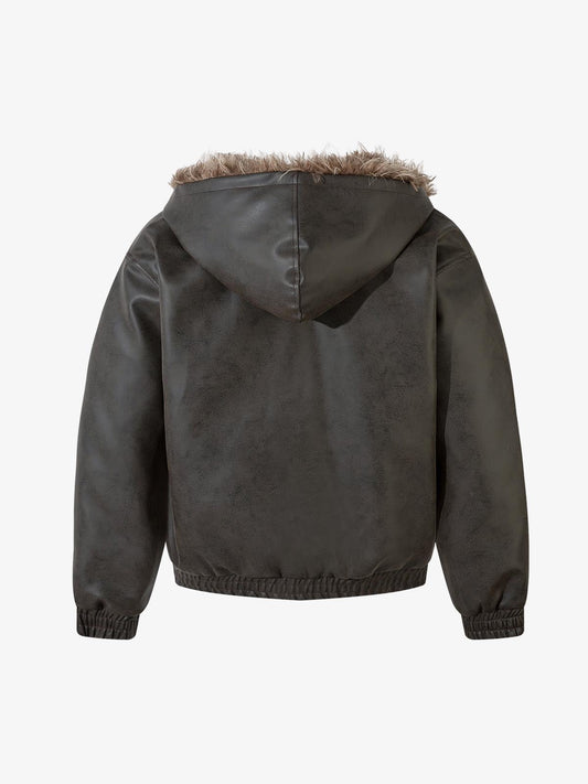 Vintage Faux Fur Hood Lined PU Zip Up Bomber Jacket 