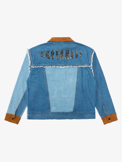 Thesupermade Flame-themed Deconstructed Color-contrast Reconstructed Distressed Raw-edge Denim Jacket 