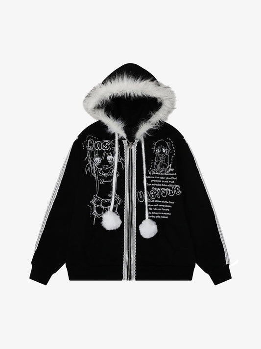 Retro Plush Collar Cartoon Anime Zip-Up Hoodie 