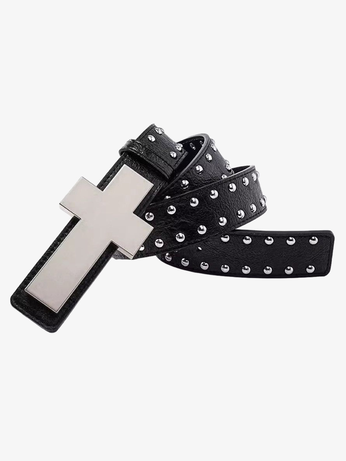 Cross Buckle Studded Black Leather Belt 