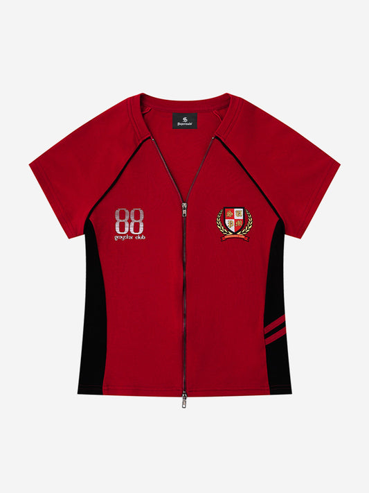 T-shirt de survêtement rétro à fermeture éclair avec badge