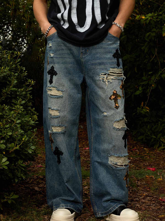 Denim Wide Leg Cropped Pants with White Stripe Design High Waist Fashion Trousers for Women 