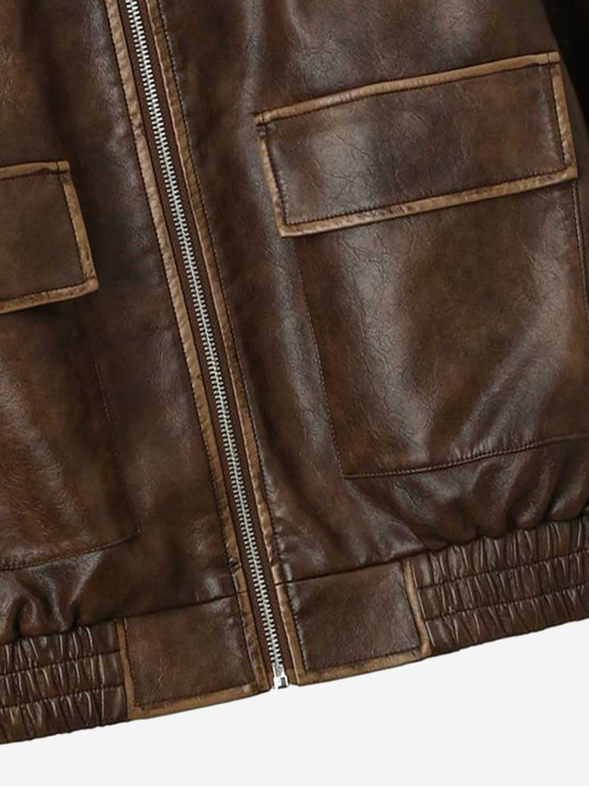 Embroidered Distressed Faux Leather Cropped Bomber Jacket