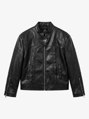 Padded-Shoulder Asymmetric Faux Leather Biker Jacket