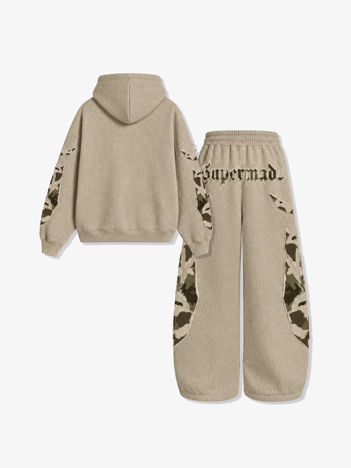 Waffle-Knit Camo Appliqué Embroidered Hoodie & Wide-Leg Sweatpants Set