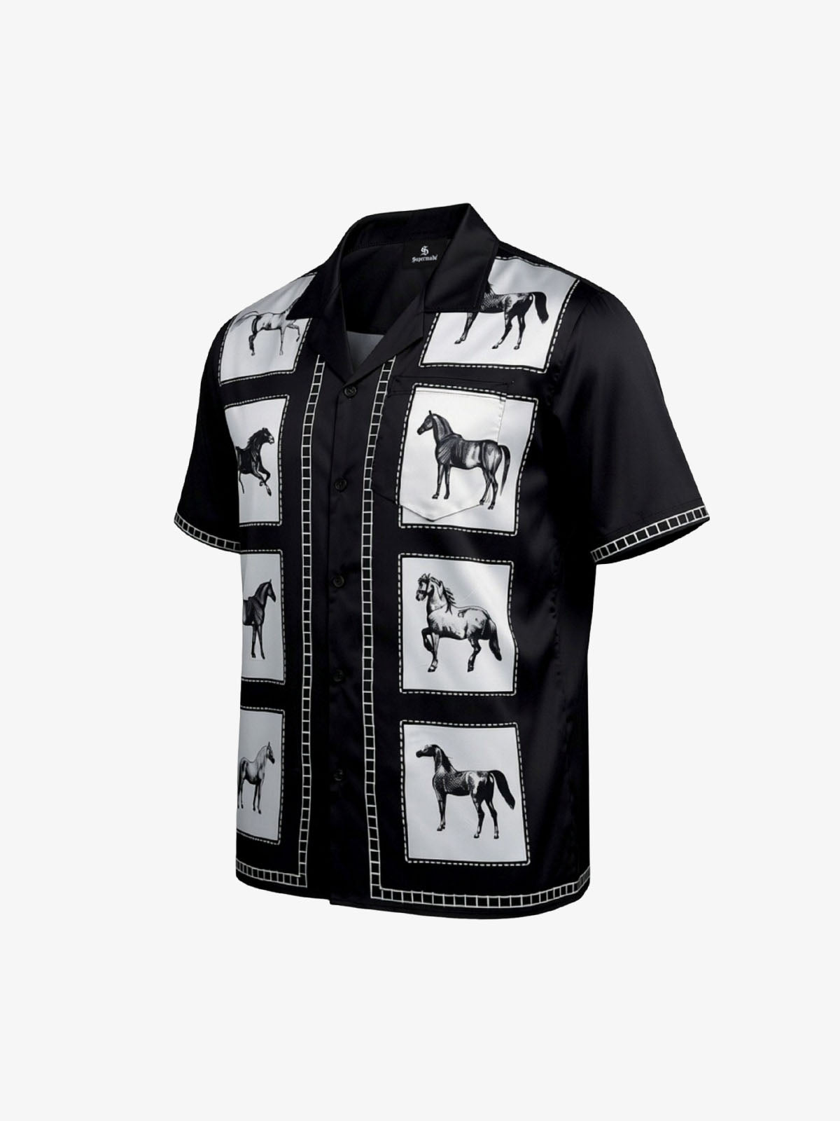 Vintage Horse Photo Satin Camp Collar Boxy Shirt 