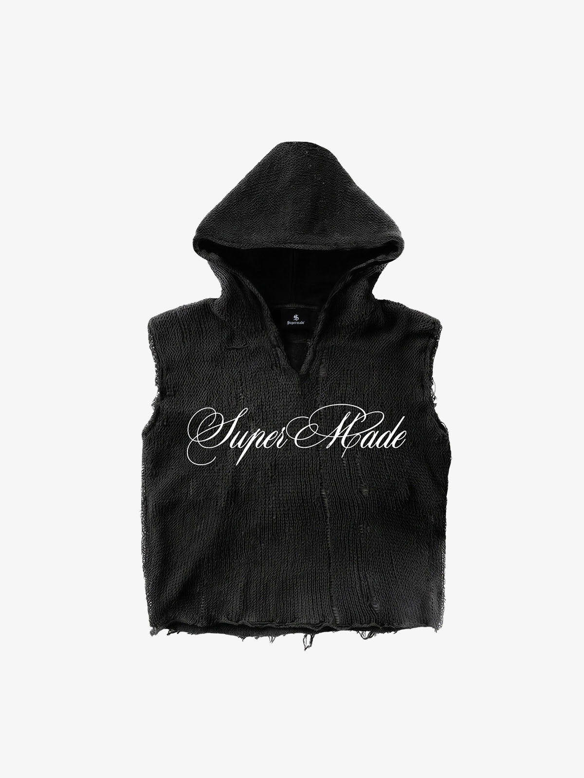 Distressed Embroidered Hooded Knit Vest