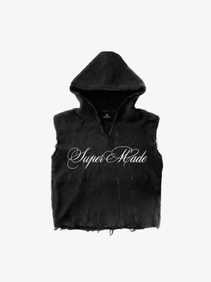Distressed Embroidered Hooded Knit Vest