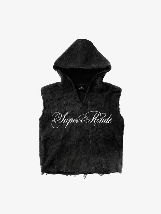 Distressed Embroidered Hooded Knit Vest