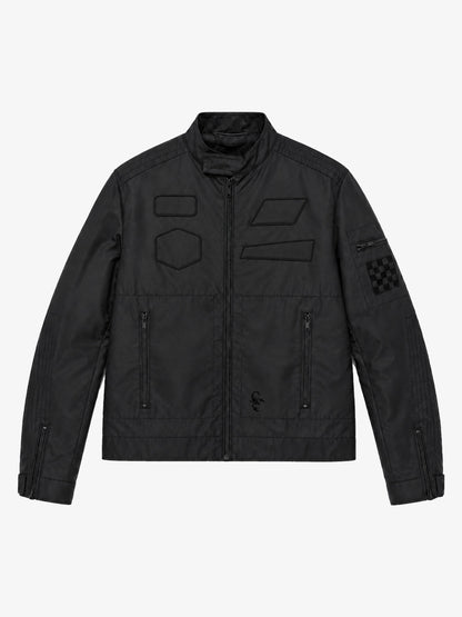 Patch Detail Glossy Stand-Collar Biker Jacket