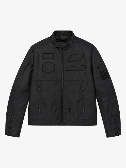 Patch Detail Glossy Stand-Collar Biker Jacket