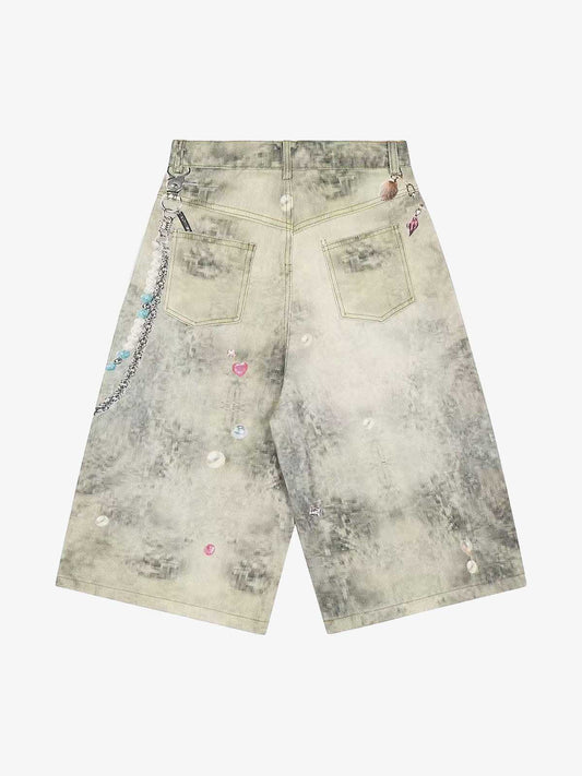 Distressed Denim Shorts with Chain Detail and Embellishments 