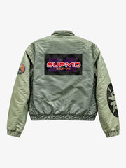 Playful Graphic Multi-Zip Cropped Bomber Jacket