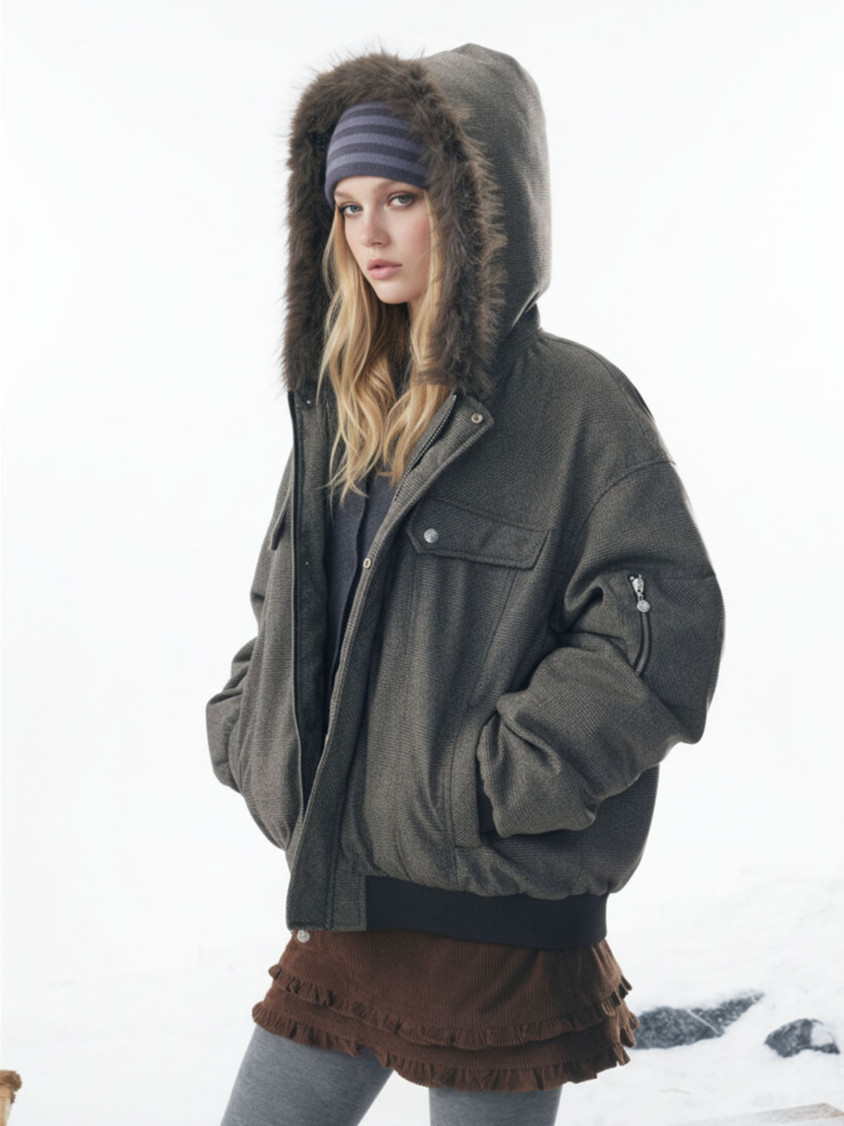 Winter Essential Bomber Jacket with Faux Fur Trimmed Hood 