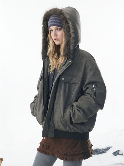 Winter Essential Bomber Jacket with Faux Fur Trimmed Hood 