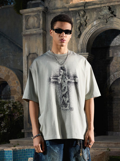 Supermade Distressed Rebellious Gun and Cross Print T-Shirt 