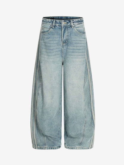 Vintage Washed Side Panel Wide Leg Denim Jeans