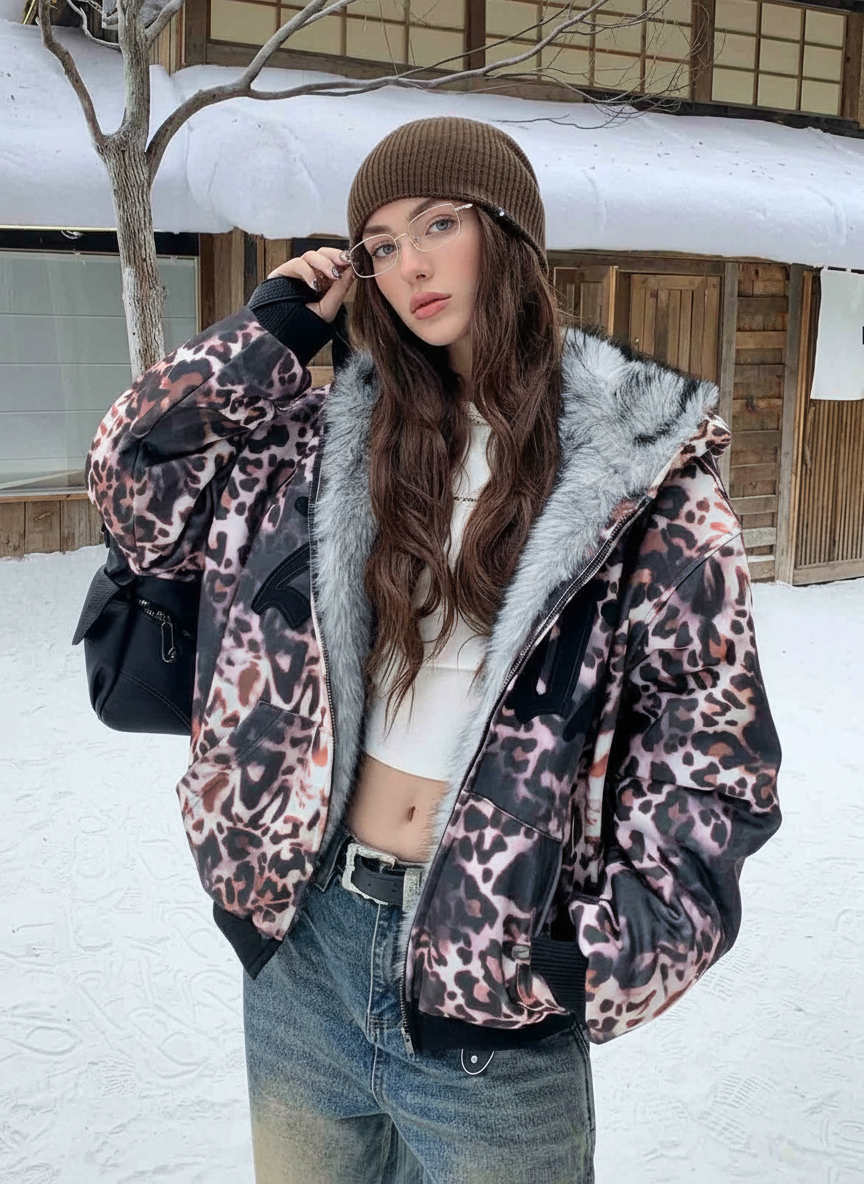 Leopard Print Hooded Bomber Jacket with Faux Fur Trim - Trendy and Stylish for All Seasons 