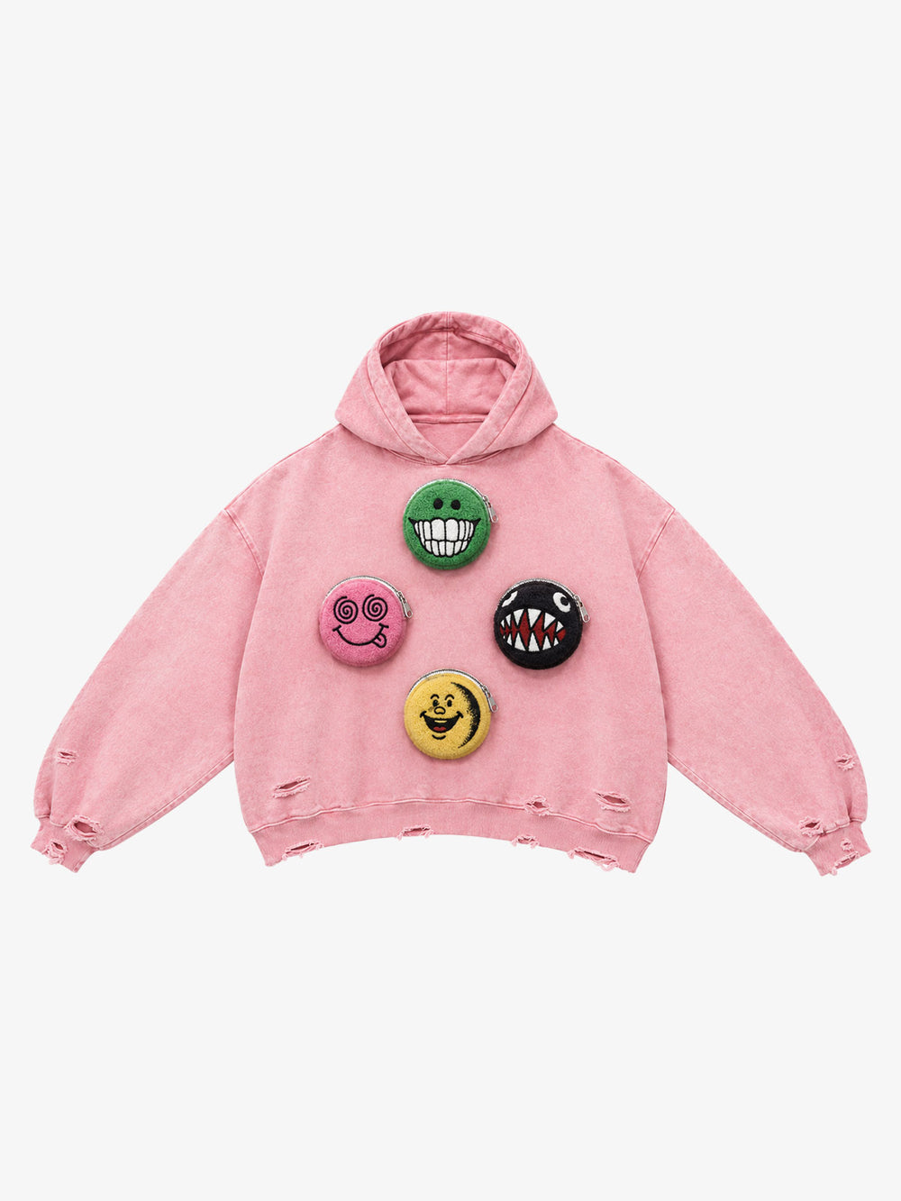 Smiley Face Zip-Pocket Distressed Cropped Hoodie - Supermade