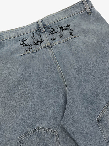 Denim Wide Leg Shorts with Skeleton Logo Embroidery and Patch Detail 