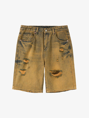 Ripped Denim Shorts for Men - Distressed Washed Cotton Jean Shorts with Frayed Holes and Relaxed Fit 
