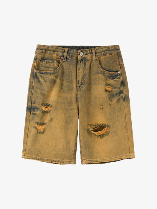 Ripped Denim Shorts for Men - Distressed Washed Cotton Jean Shorts with Frayed Holes and Relaxed Fit 