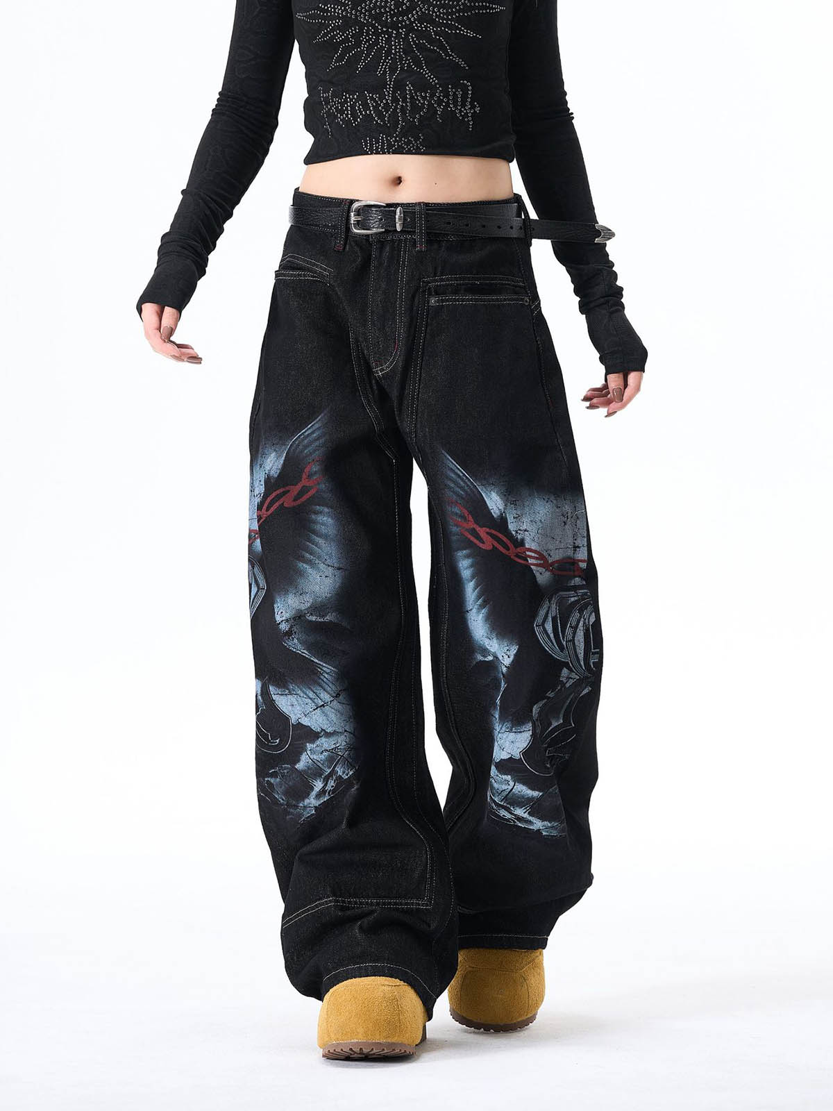 Dark Gothic Graphic Wide-Leg Jeans 