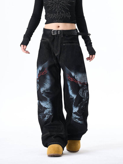 Dark Gothic Graphic Wide-Leg Jeans 
