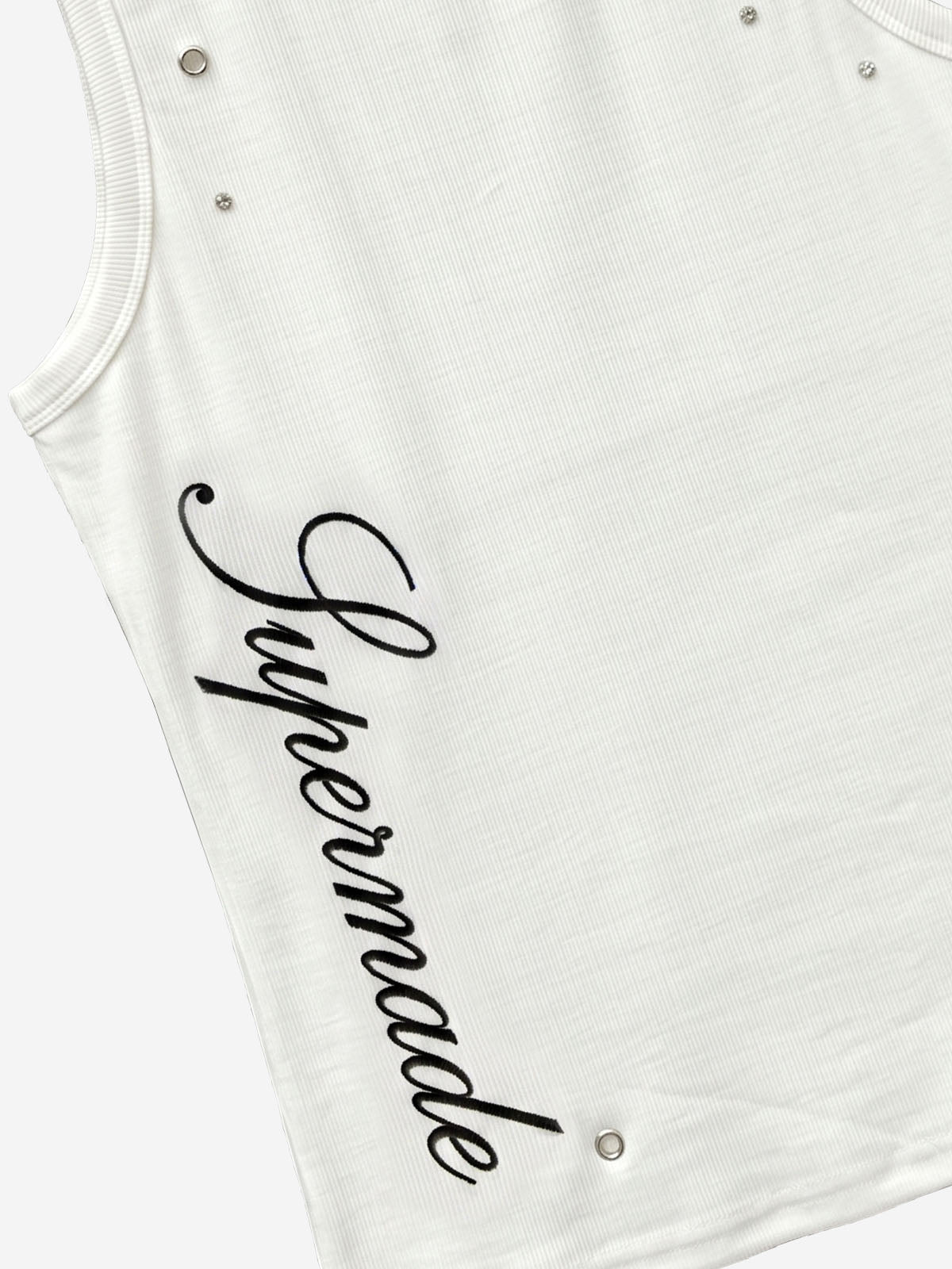 Stretch ribbed fabric punk y2k streetwear vest, adorned with metal buttonholes and letter embroidery.