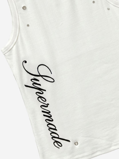 Stretch ribbed fabric punk y2k streetwear vest, adorned with metal buttonholes and letter embroidery.