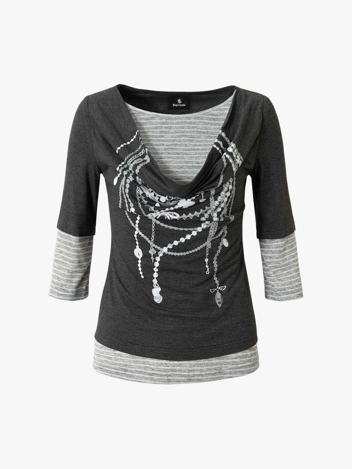 Necklace Pattern Striped Cowl Neck Long Sleeve Tee