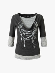 Necklace Pattern Striped Cowl Neck Long Sleeve Tee