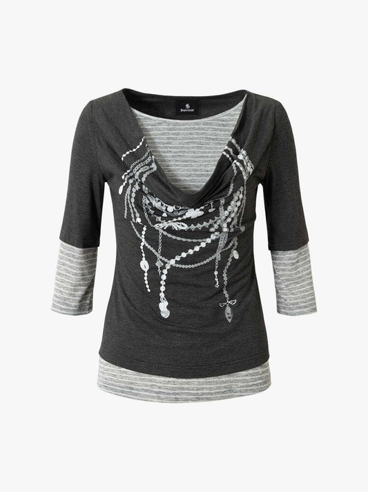 Necklace Pattern Striped Cowl Neck Long Sleeve Tee